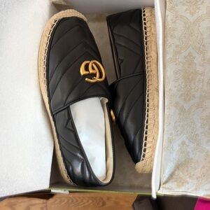 Gucci Black Quilted Espadrille Loafers with Gold Detail